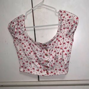 white off the shoulder crop top with red flowers
